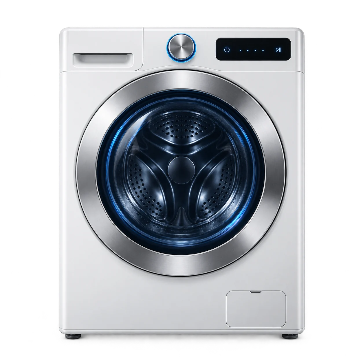 Mesin cuci putih tiga dimensi sebagai metafora Lavro yang merapikan urusan laundry